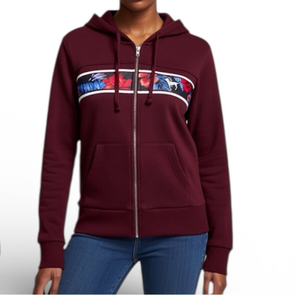PINK VS Wine Tropical Print Lightweight Zip Up Hoodie